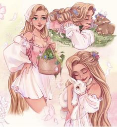 two beautiful young women with long blonde hair, one holding a bunny and the other carrying a basket