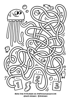 a black and white maze with an octopus, jellyfish, and other items in it