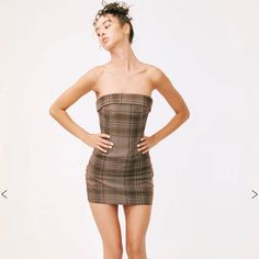 Plaid With Jan Chloe Corset Dress In Size Medium. Brand New With Tags Never Worn. Strapless Fitted Mini Dress For Fall, Strapless Brown Mini Dress For Date Night, Brown Strapless Mini Dress For Date Night, Fitted Brown Lined Mini Dress, Fitted Brown Mini Dress Lined, Fitted Brown Mini Dress With Lining, Chic Brown Lined Mini Dress, Brown Lined Mini Dress For Date Night, Brown Lined Mini Dress