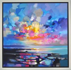 an abstract painting of colorful clouds over the ocean