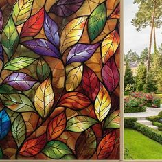 two pictures side by side, one has colorful leaves on it and the other has green grass