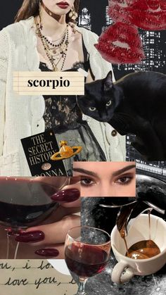 a collage of photos with red lipstick, wine glasses and black cat