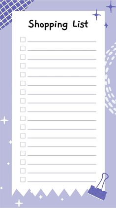 a shopping list is shown on a purple background