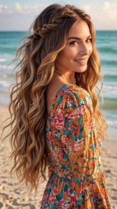 Boho Hairstyles Long Hair, Beach Hair For Wedding, Hairstyles For Beach Photoshoot, Beach Bridesmaid Hair Half Up, Braid Beach Hairstyles, Long Hairstyle Braid, Beach Waves With Braids Hairstyles, Long Hair Wedding Styles Braid, Wedding Hair For Beach Weddings