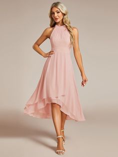 Midi Halter Neck Chiffon Wedding Guest Dress with Sleeveless and A-Line #color_Pink Pink Chiffon Dress, Plus Size Gowns, Outfit Styles, Georgette Dress, Bride Groom Dress, Affordable Dresses, Guest Dress, Gowns With Sleeves, Groom Dress