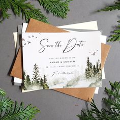 Misty forest save the date cards , Sienna Mai Personalised Wedding Invitations Forest Save The Date, Free Wedding Invitation Samples, Christmas Save The Date, Nature Wedding Invitations, Forest Wedding Invitations, Forest Theme Wedding, Wedding Invitation Samples, Misty Forest, Forest Theme