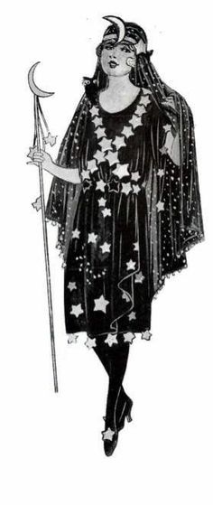 a drawing of a woman in black and white with stars on her dress holding a staff