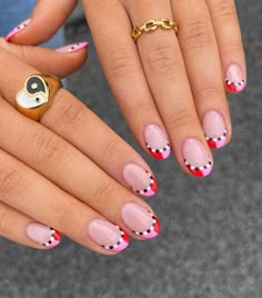 70s French Tip Nails, Different French Tip Nail Designs, Fun French Tips Nails, Coloured French Tips Short, Colourful Nail Tips, Funky Tips Nails, Minimalistic Valentines Nails, Diy Valentines Nails Easy, Cool French Tips