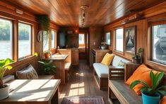 the inside of a houseboat with wood paneling and plants on the windowsill