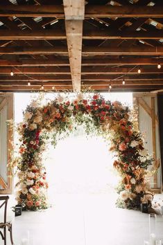 Wedding Arch Ideas: Warm Fall Floral Altar at Barn Ceremony Rust Themed Wedding, Winter Wedding Arch, Arch Wedding Ceremony, Montana Bride, Arches Wedding, Wedding Arbors, Wedding Arch Ideas, Arch Designs, Lush Wedding