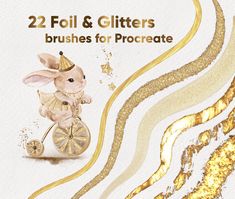 a gold foil and glitters brushes for procreate with an image of a bunny on a bike