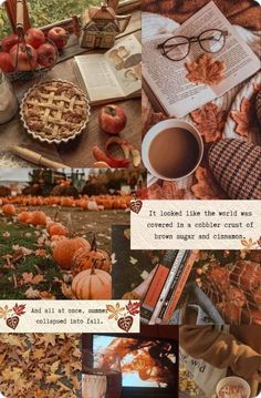 a collage of photos with pumpkins, books and other autumn things on it