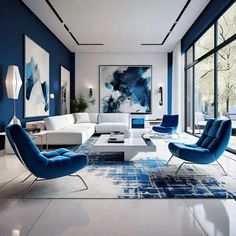 a modern living room with blue and white decor on the walls, carpeted flooring and large windows