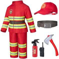 a fireman's uniform with tools and accessories