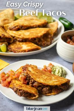 easy crispy beef tacos with guacamole and salsa