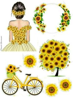 sunflowers are arranged around a woman's dress and bicycle, while the other flowers