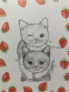 a drawing of two cats sitting next to each other with strawberries on the ground