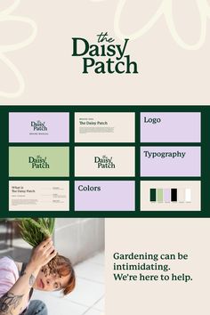 Brand board illustrating the comprehensive visual identity for The Daisy Patch, a modern, playful gardening club. Features a text-based logo with manipulated serif typography, a detailed brand manual, and an actionable banner. Cohesive color palette of dark green, tea green, pale purple, white, black, and beige anchors these elements, reinforcing the club's modern, approachable brand attributes. Small Business Plan Ideas, Modern Gardening, Dna Logo, Gardening Club, Daisy Patches, Best Color Schemes, Identity Design Inspiration, Brand Manual, Logo Presentation