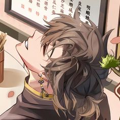 an anime character with long hair looking at something in front of him on the computer screen