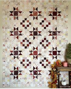 a quilt hanging on the wall next to a potted plant