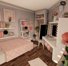 Bloxburg Makeup Desk Ideas, Bloxburg Bedroom Inspo Aesthetic, Aesthetic Room Bloxburg, Teen Room Bloxburg Ideas, Shelf Decor Bloxburg, Bloxburg Bedroom Ideas Teen, Bloxburg Teen Room Ideas Aesthetic, Bloxburg Storage Ideas, Bloxburg Small Space Ideas