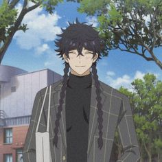 an anime character with long black hair standing in front of some trees and building behind him