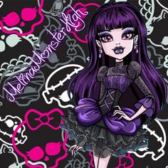 a drawing of a girl with purple hair and black eyeliners, in front of skulls