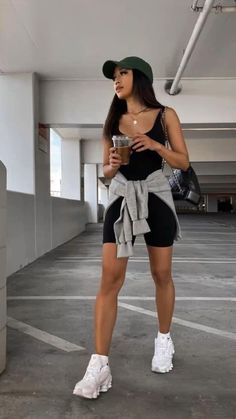 Short Airport Outfit, Biker Shorts Onesie Outfit, Park Day Outfit Spring, Black Shorts Onesie Outfit Women, Jean Mini Dress Outfit, Athletic Vacation Outfits, Vegas Fits Summer, Casual Summer Outfits Hot Weather, Spring Break Outfits 2024