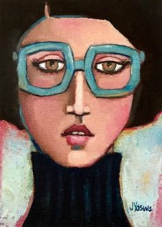 a painting of a woman with blue glasses on her face and an angel's wing