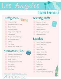 the los angeles travel checklist is shown in blue and pink, with palm trees