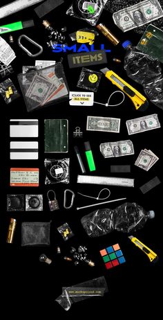 an assortment of items are shown on a black background with the words small items above them