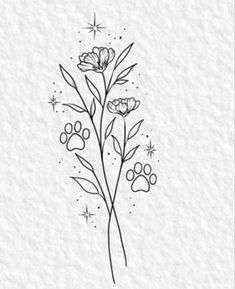 a flower with paw prints on it and stars in the sky above them, as well as