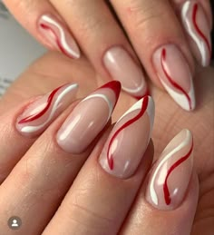 Red And White Nails, Hippie Nails, Lines On Nails, Almond Acrylic Nails, Soft Nails, Xmas Nails, Minimalist Nails, Fire Nails, Pretty Acrylic Nails