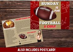 a flyer for a football and chili party with a photo of a woman holding a football