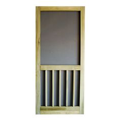 an open wooden door with metal bars on the bottom and sides, against a white background