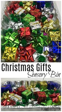 christmas gifts are shown in different colors and sizes, with the title overlaying them