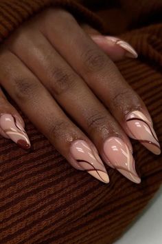 #brown #brownskingirl #almond #winter #design #long #medium Brown Theme Nails, Fall Gel Nails Almond Shape, Nails Beige And White, Oval Nails Holiday, Autumn Nails Almond Short, Brown Earthy Nails, Cute Nails For Fall Almond, Neutral Nails Oval Shape, Almond Nails Designs October