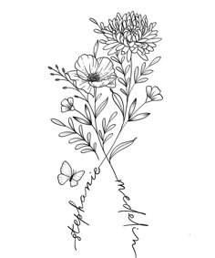 a drawing of flowers and butterflies with the word love written in cursive writing