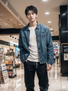 a young man is standing in the middle of a shopping mall with his hands in his pockets