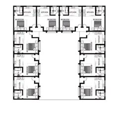 the floor plan for an office building with four floors and several rooms, all in black and white