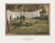 an oil painting of clothes hanging on a line in a field with grass and trees