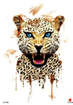 an animal with blue eyes and a leopard's head in watercolor on a white background