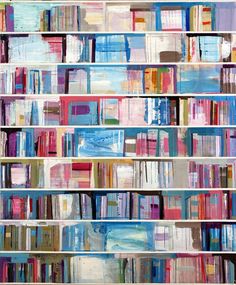 an abstract painting of bookshelves with blue, pink and white paint on them