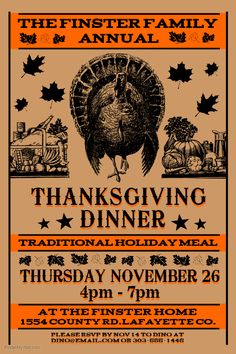 a thanksgiving dinner flyer with an image of a turkey on the front and side of it