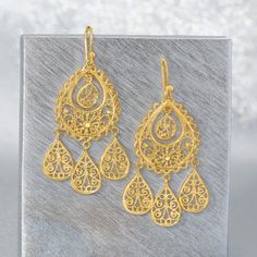 Ross-Simons - 18kt Gold Over Sterling Filigree Chandelier Earrings. An intricate pair of chandelier earrings for your fine jewelry collection. Gorgeous 18kt yellow gold over sterling silver filigree creates this unique eye-catching teardrop design. Hanging length is 2 3/8". Earwire, 18kt gold over sterling filigree chandelier earrings. Sterling Silver Filigree, Fine Jewelry Collection, Silver Filigree, Chandelier Earrings, Jewelry Collection, Fine Jewelry, Yellow Gold, Sterling Silver, Yellow