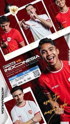 an advertisement for indonesia's national soccer team, featuring two men in red and white shirts