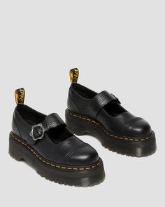 Addina Flower Buckle Leather Platform Shoes in Black | Dr. Martens Leather Platform Shoes, Jadon Boots, Zapatos Mary Jane, Clothes Wishlist, Kitty Accessories, Black Platform Shoes, Yellow Heels, Shoes Stand, Dr Martens Black