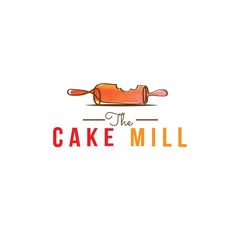 the cake mill logo is shown in red and orange colors, with a rolling pin next to it