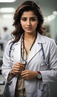 a woman in a white lab coat holding a stethoscope and looking at the camera