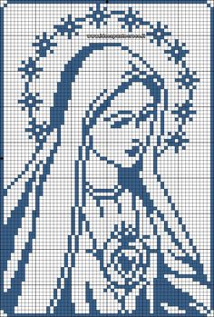 a cross stitch pattern with the face of jesus in blue and white colors on it